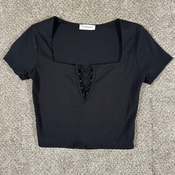 Attirance Tops - Attirance Black Ribbed Lace-Up‎ Square Neck Crop Top Short Sleeve